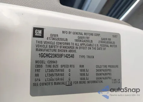 2008 Chevrolet Silverado 2500Hd Lt1 из США, поврежденный, VIN 1GCHC23K58F142548